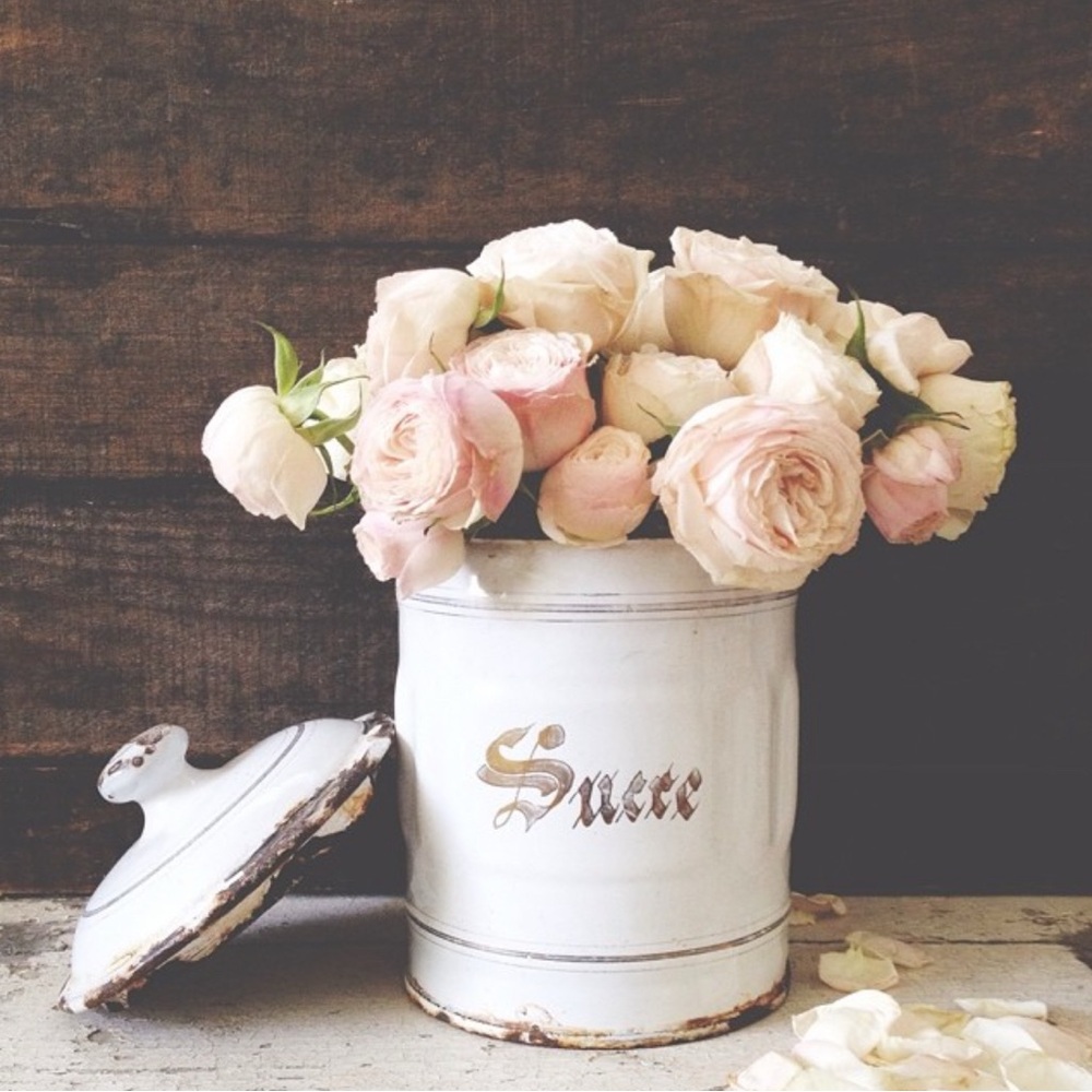 Antique Vintage French White Enamel Sucre Tin Shabby Chic Farmhouse Style Decor